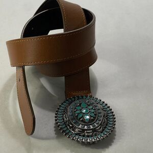 Unbranded Belt Mens XL Turquoise Buckle Brown SIze 38?